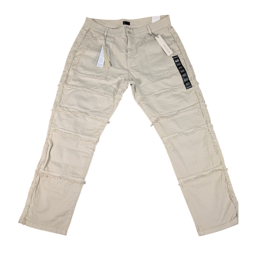 Reason Brand Mens 40 Straight Leg Distressed Raw Edge Pants Cream RB23-142 NWT